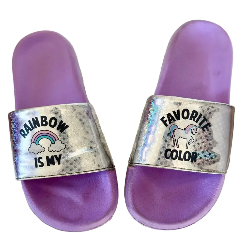 Rainbow is my favorite color purple & silver kids slides size 3/4